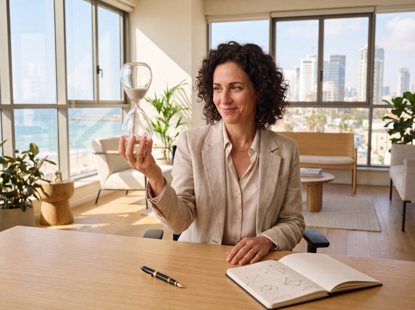 המחשה: אישה ליד שולחן משרדי מחזיקה שעון חול; זמן לבדו אינו קובע זכאות ביטוחית.