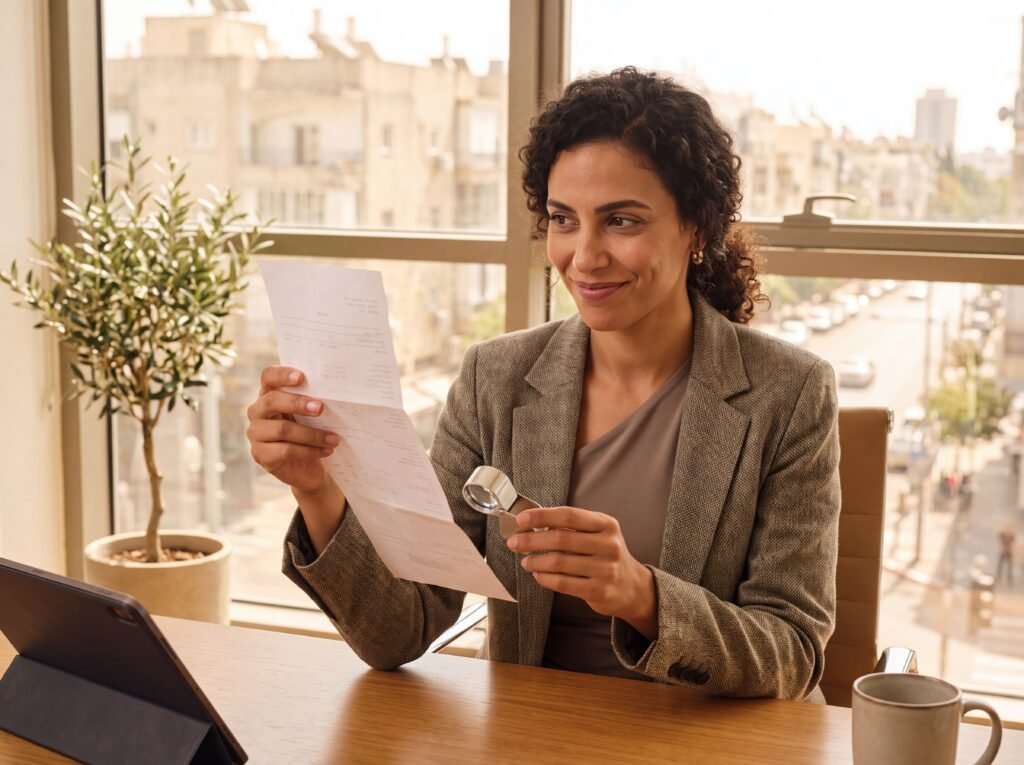 אישה במשרד מואר מחזיקה תלוש שכר ארוך ובוחנת בחיוך אירוני סעיף קטן בתחתיתו בעזרת זכוכית מגדלת של תכשיטנים.